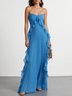 Blue Pleated Ruffled Chiffon Strapless Sleeveless A-Line Maxi Dress