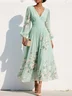 Lightgreen Ruched Floral Chiffon V Neck Long Sleeve Balloon Sleeve A-Line Maxi Dress
