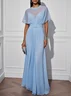 Light Blue Ruched Chiffon Crew Neck Short Sleeve A-Line Maxi Dress
