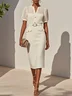 Apricot Pleated Classic Notched Short Sleeve Sheath Midi Dress