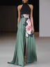Black Slit Floral Classic Crew Neck Sleeveless A-Line Maxi Dress