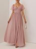 Pink Lace-up Ruched Chiffon Square Neck Gallus Bell Sleeve A-Line Maxi Dress