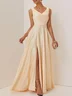 Champagne Ruched Slit Satin V Neck Sleeveless A-Line Maxi Dress