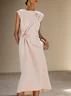 Pink 3D Floral Ruched Classic Crew Neck Sleeveless A-Line Midi Dress