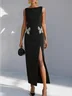 Black Butterfly Slit Classic Boat Neck Sleeveless Sheath Maxi Dress
