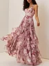 Pink Floral Jacquard Chiffon Sweetheart Neckline Sleeveless A-Line Maxi Dress