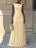 Off White Pleated Classic Boat Neck Sleeveless A-Line Maxi Dress
