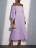 Pink Pleated Hotfix Embellished Chiffon Off The Shoulder Long Sleeve Balloon Sleeve A-Line Maxi Dress
