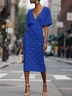 White Hollow Out Plaid Classic V Neck Short Sleeve Sheath Midi Dress