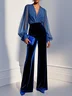 Royal Blue V Neck Mesh Long Sleeve Velvet Jumpsuit