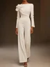 White Crew Neck Plain Bow Long Sleeve Jumpsuit