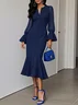 Purplish blue Buckle Classic V Neck Long Sleeve Bell Sleeve Mermaid Midi Dress