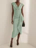 Green Cowl Neck Ruched Cap Sleeve Sheath Midi Dress