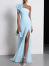Pink Chiffon 3D Floral Slit  One Shoulder Sleeveless Sheath Gown Dress