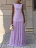 Off White Pleated Classic Boat Neck Sleeveless A-Line Maxi Dress