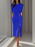 Off White Button Slit Crew Neck Sheath Midi Dress