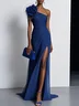 Pink Chiffon 3D Floral Slit  One Shoulder Sleeveless Sheath Gown Dress