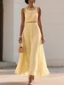 Orange Lace Pleated Chiffon Crew Neck Sleeveless A-Line Maxi Dress