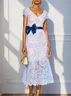 Blue Bow Jacquard Classic V Neck Short Sleeve Mermaid Midi Dress