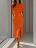 Off White Button Slit Crew Neck Sheath Midi Dress