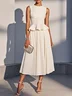 White Ruffled Peplum Crew Neck Sleeveless Bell Sleeve A-Line Midi Dress