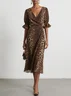 Leopard Ruched Wrap Dress V Neck Half Sleeve Bell Sleeve Sheath Midi Dress