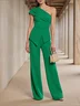 Women Green Ruched One Shoulder Sleeveless Urban Top With Pants Two-Piece Set