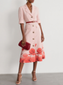 Pink Floral Shirt Dress Lapel Collar Half Sleeve A-Line Midi Dress