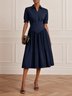Purplish blue Buckle Gathered Shirt Dress Shirt Collar Short Sleeve A-Line Midi Dress