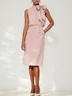 Pink Bow Ruched Classic Crew Neck Sleeveless Sheath Midi Dress