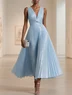 Light Blue Pleated Knot Front Classic V Neck Sleeveless A-Line Midi Dress