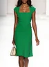 Green Classic Square Neck Cap Sleeve Sheath Midi Dress