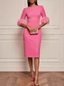 Rose Red Feather Classic Crew Neck Half Sleeve Sheath Midi Dress