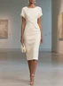 White Imitation Pearls Knot Front Classic Lapel Collar Short Sleeve Sheath Midi Dress