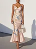 Pink Floral Satin Spaghetti Gallus Mermaid Midi Dress
