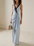 Light Blue Ruched Wrap Dress V Neck Sleeveless Sheath Maxi Dress
