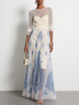 White Gathered Printing Chiffon Crew Neck Long Sleeve Sheath Maxi Dress