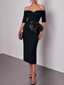 Black Glitter Bow Classic Off The Shoulder Half Sleeve Sheath Midi Dress
