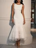 White Mesh Classic Boat Neck Sleeveless Mermaid Midi Dress