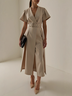 Khaki Slit Classic V Neck Short Sleeve A-Line Midi Dress