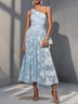 Light Blue Floral Ruched Classic One Shoulder Sleeveless A-Line Midi Dress