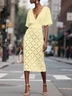 White Hollow Out Plaid Classic V Neck Short Sleeve Sheath Midi Dress