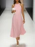 Pink Bow Peplum Chiffon Crew Neck Sleeveless A-Line Midi Dress