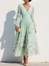 Lightgreen Ruched Floral Chiffon V Neck Long Sleeve Balloon Sleeve A-Line Maxi Dress