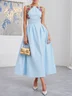 Light Blue Lace Ruched Classic Crew Neck Sleeveless A-Line Midi Dress