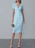 Black Mesh Plaid Classic V Neck Short Sleeve Sheath Midi Dress
