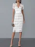 Black Mesh Plaid Classic V Neck Short Sleeve Sheath Midi Dress
