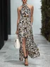 Khaki Slit Classic Crew Neck Sleeveless A-Line Maxi Dress