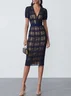 Black Mesh Plaid Classic V Neck Short Sleeve Sheath Midi Dress