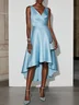 Light Blue Irregular Craftsmanship Satin V Neck Sleeveless A-Line Midi Dress